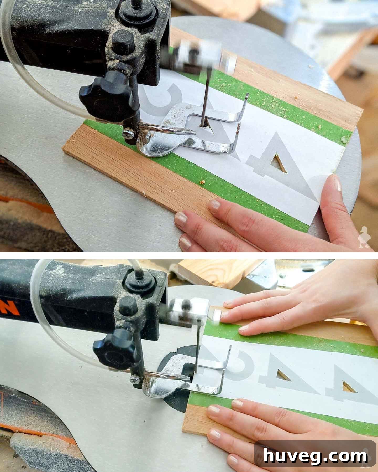 A close-up view of cutting through a small opening in the number 4 using a scroll saw, guided by a template.