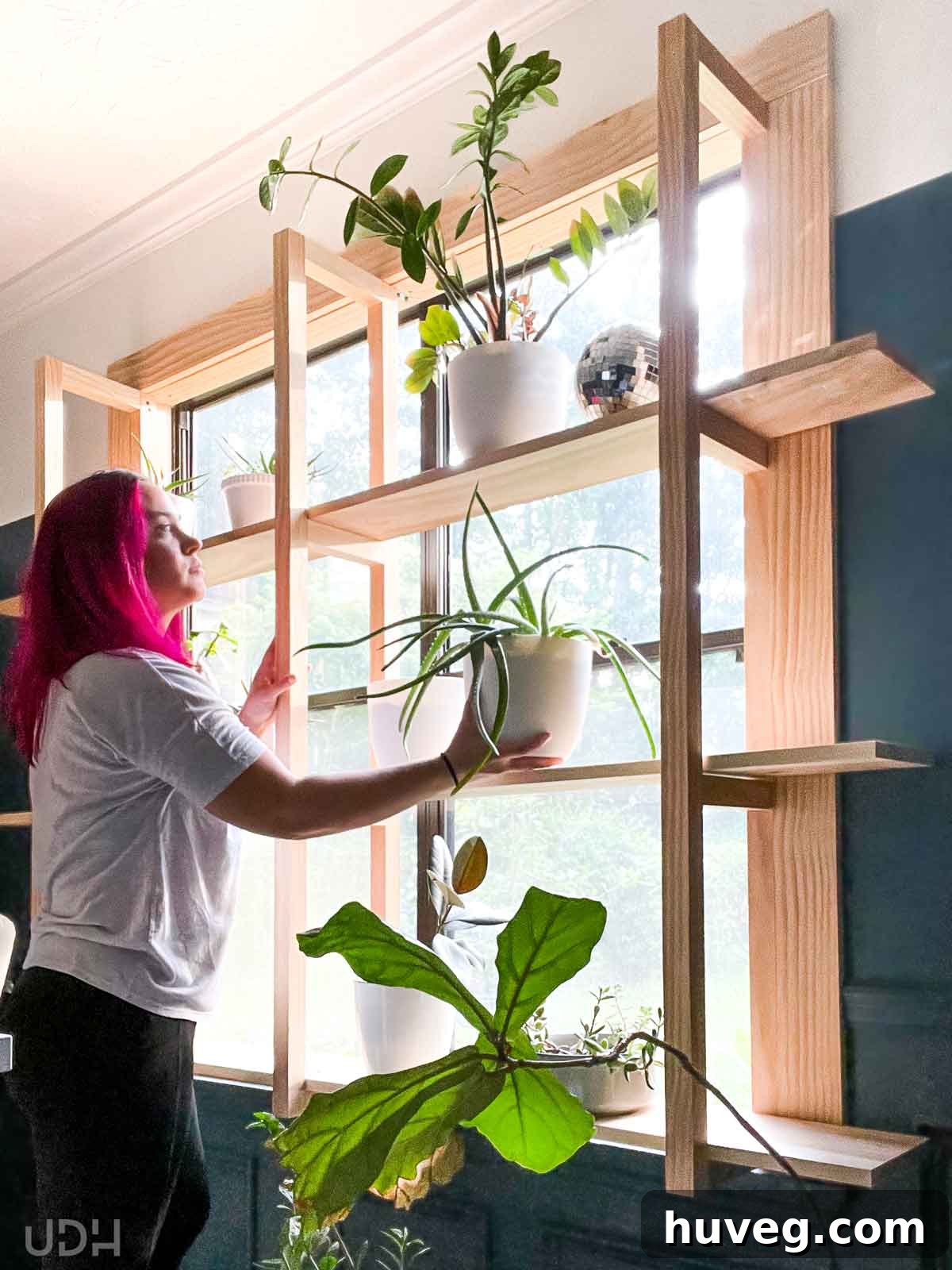Sarah Fogle placing a houseplant in a white pot on a window plant shelf, showcasing the finished DIY plant shelf build.