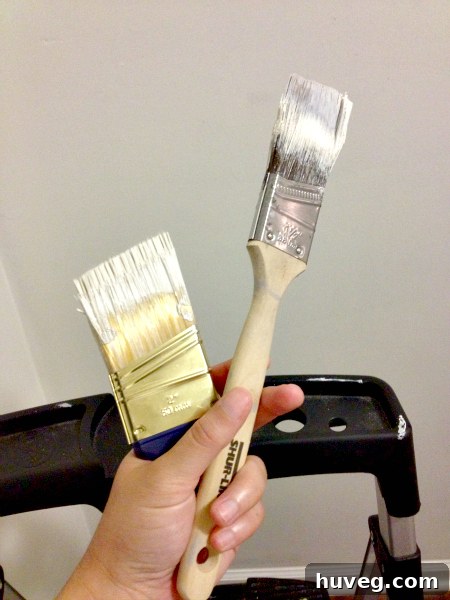Freshly painted hallway with painting tools visible