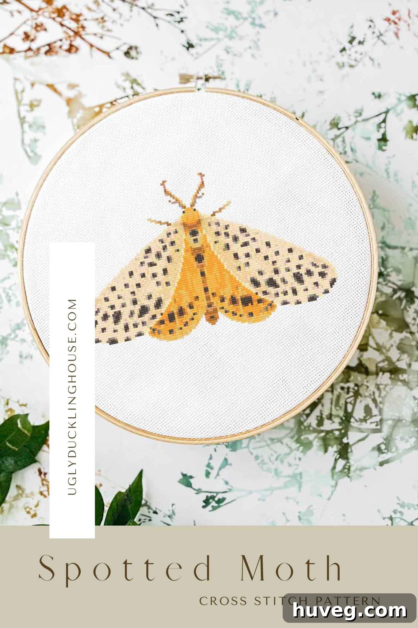 A vibrant, paint-by-numbers style spotted moth cross stitch pattern, perfect for modern desert or southwest decor. Simple color palette and easy to follow. A piece of art for any wall.