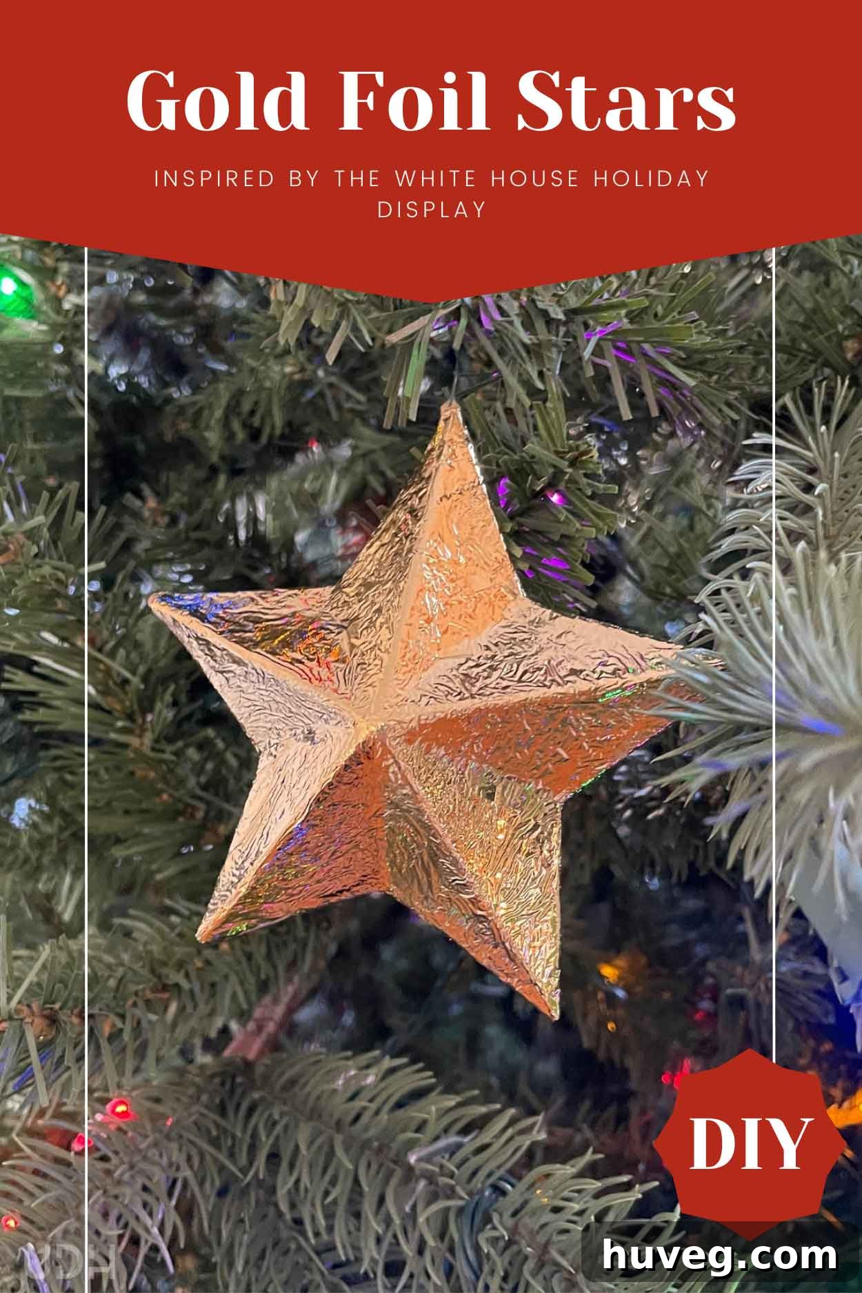 Stunning gold foil star ornament hanging on a Christmas tree branch, shimmering with festive light.