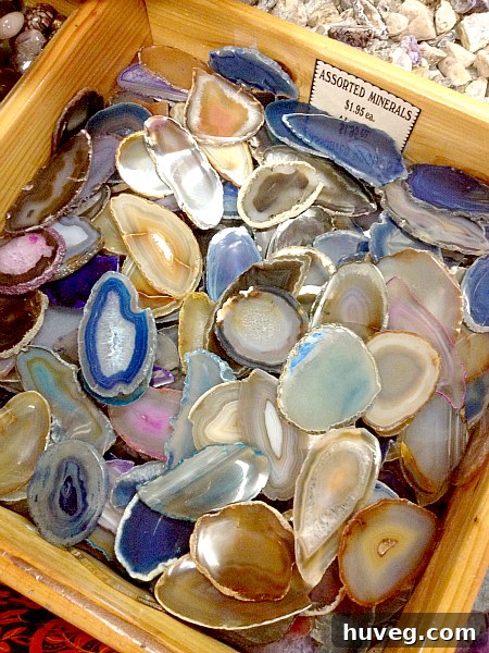 A display of various agate slices in a rock and mineral shop, highlighting the vibrant pink options.