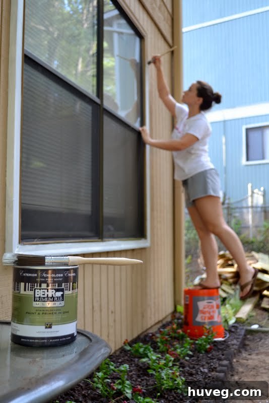 Painting exterior trim around a window using a Homer bucket as a step