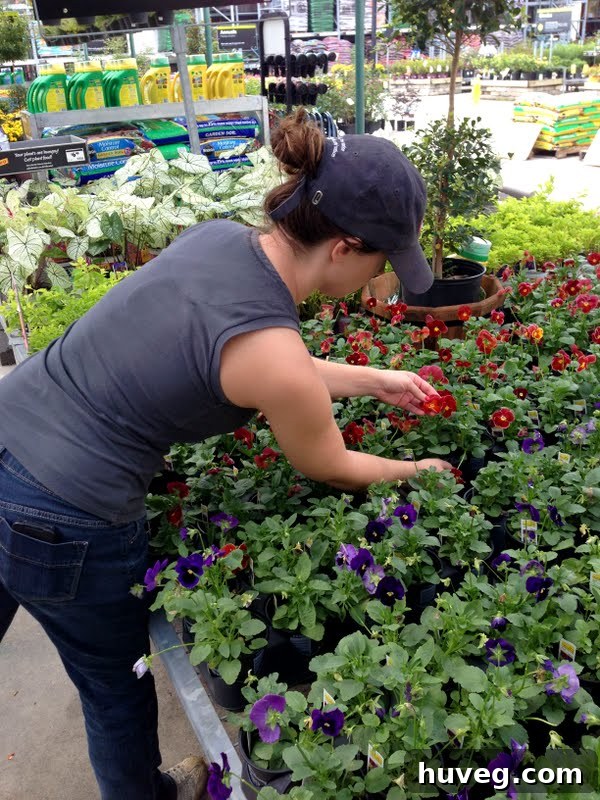 Woman selecting various fall plants at Home Depot