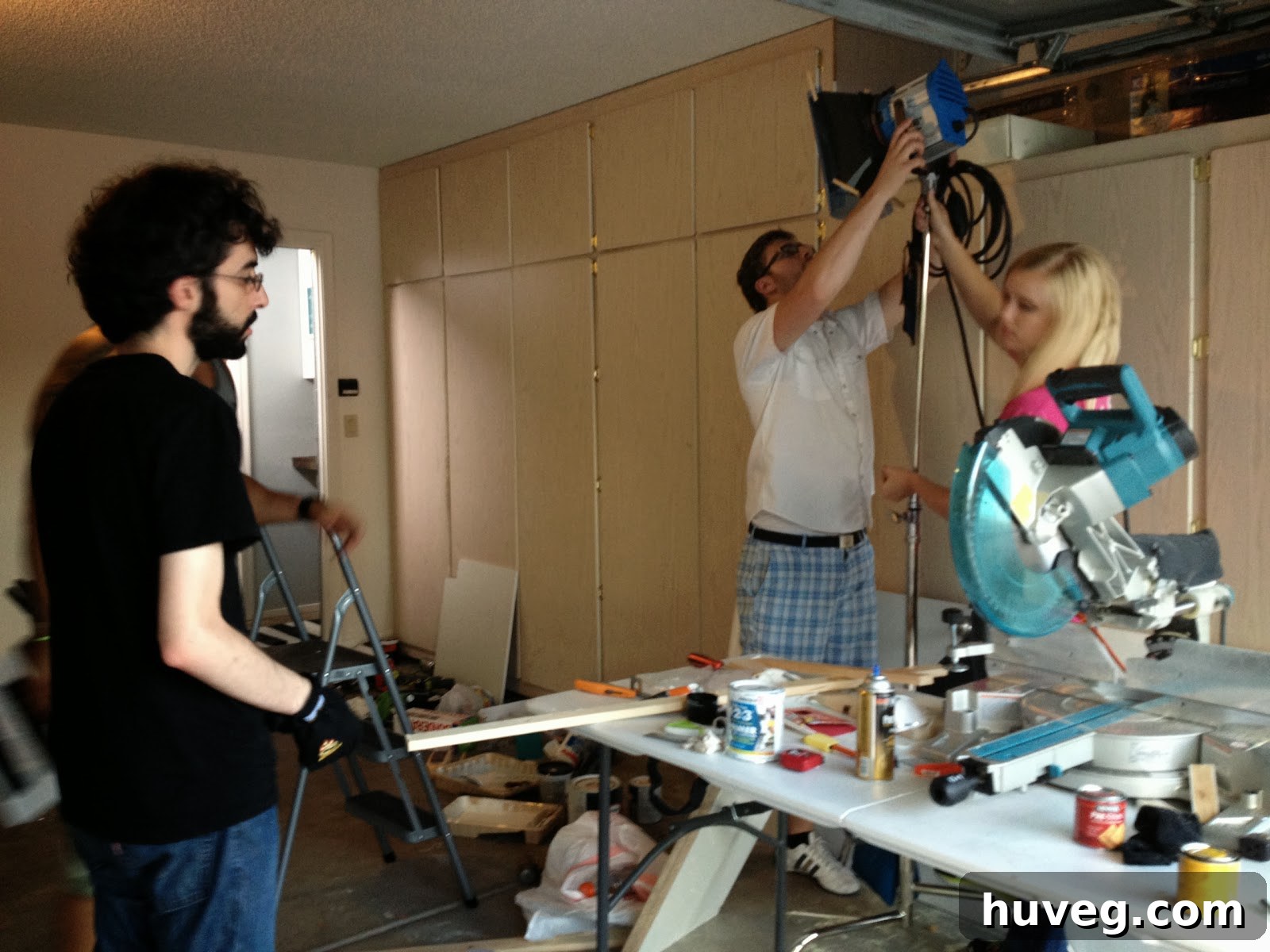 A candid behind-the-scenes shot from the TV show filming, showing the hard work involved.