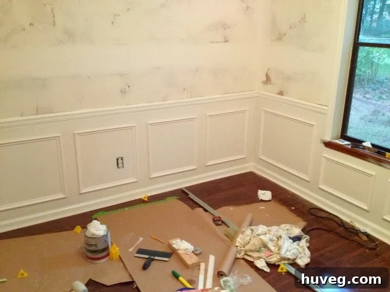 Close-up of newly installed picture frame molding