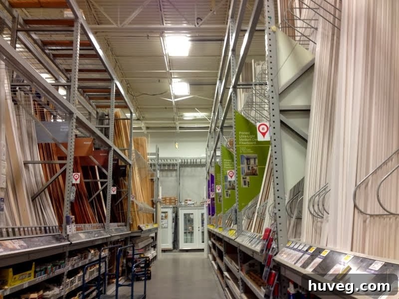 Aisle of molding at a home improvement store