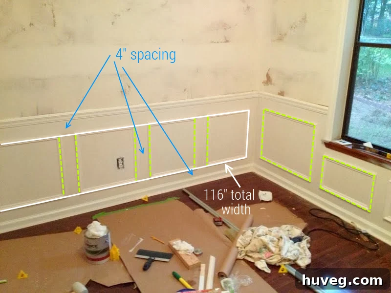 Detailed layout guide showing picture frame molding spacing calculations for various wall sections