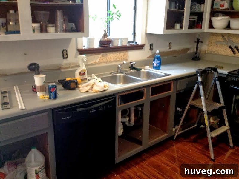 Kitchen without cabinet doors, showing renovation progress and space for new countertops
