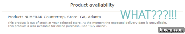 Ikea website screenshot showing 'Out of stock' message for a kitchen countertop