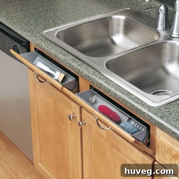 Tip-out tray hardware installed on a false sink front, revealing hidden storage for sponges.