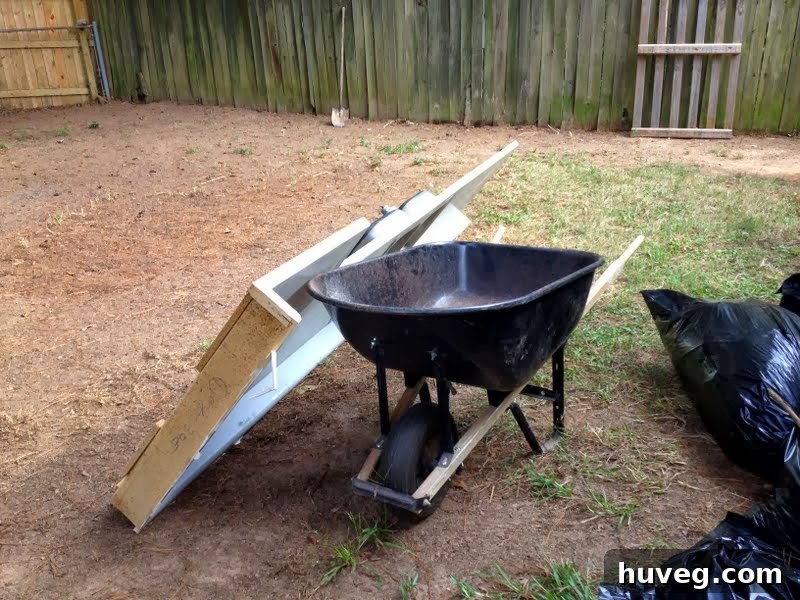 Removed kitchen countertops temporarily stored in the backyard