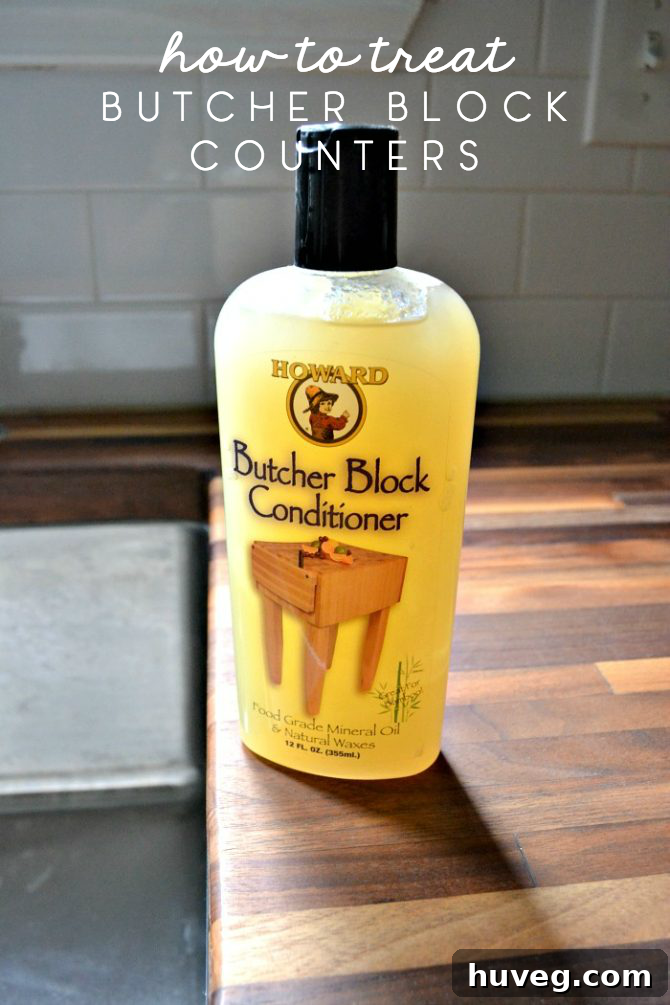 Infographic style image summarizing 'How to Treat Butcher Block Counters'.