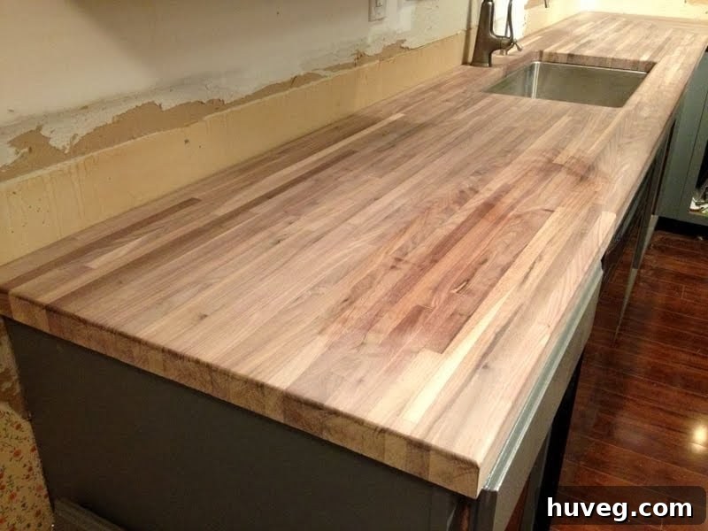 A test spot with water on untreated walnut butcher block, showing how the wood darkens when wet, indicating its appearance after oil treatment.