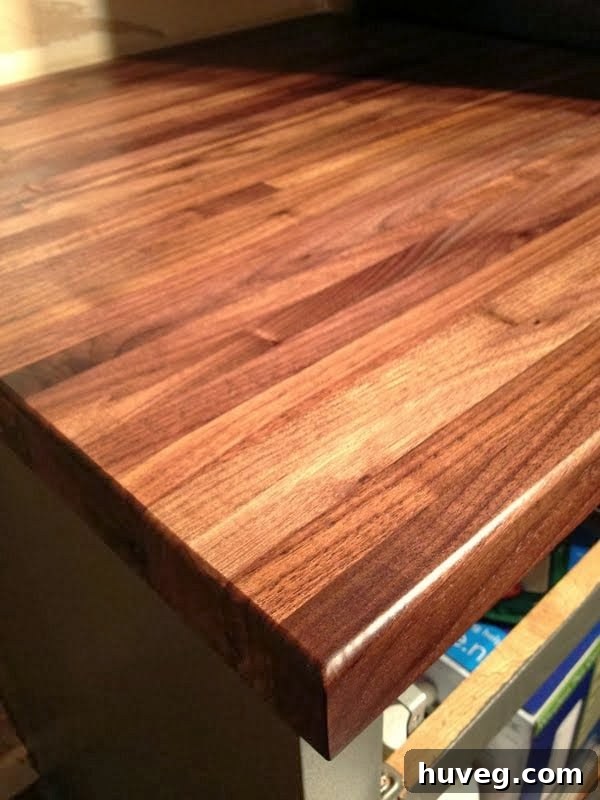 Butcher block countertop showcasing the clean, treated surface with a hint of natural variations.