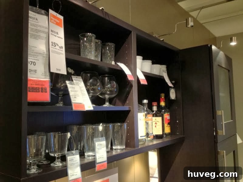 IKEA bar cart and floating shelf display showing beverage storage ideas