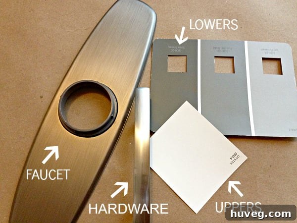 color scheme - A mood board or visual representation of the chosen color palette and material textures for the kitchen design.