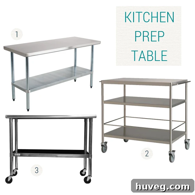 prep table - A collage or image showcasing the top three kitchen prep table options being considered for the island.