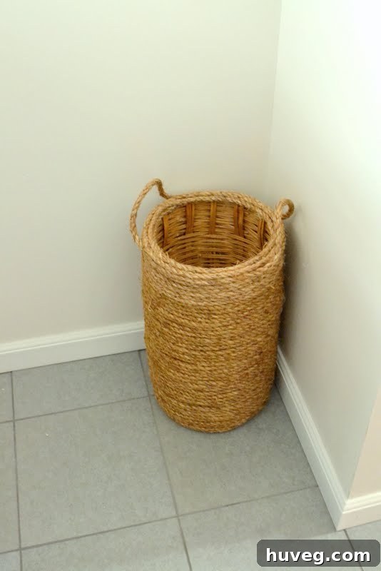 Finished DIY manila rope basket, a stylish home decor piece.