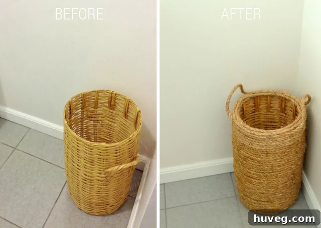 Before and after comparison of a plain basket transformed into a stylish rope basket.