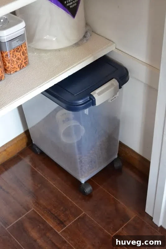 Dog food bin neatly tucked under a pantry shelf