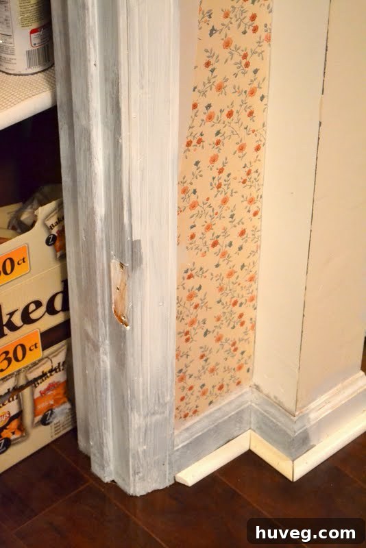 Painting Pantry Door Trim in Progress for Kitchen Remodel