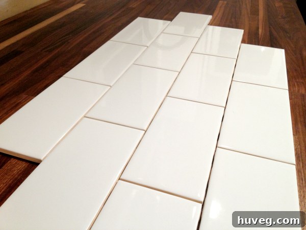 Stack of classic white subway tiles for backsplash project