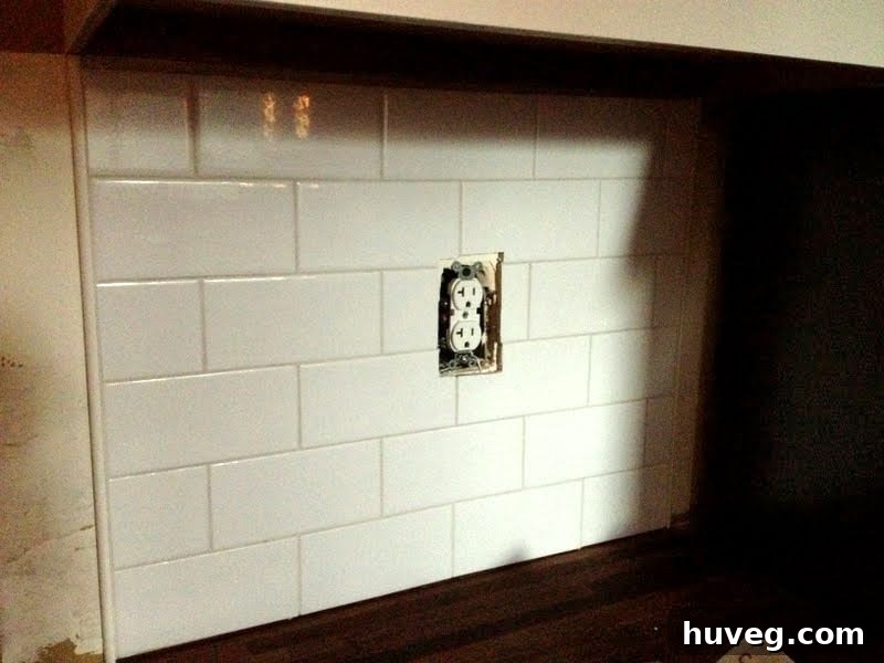 Close-up of newly applied, slightly grayish pre-mixed grout on kitchen backsplash tiles, showing the textured finish.