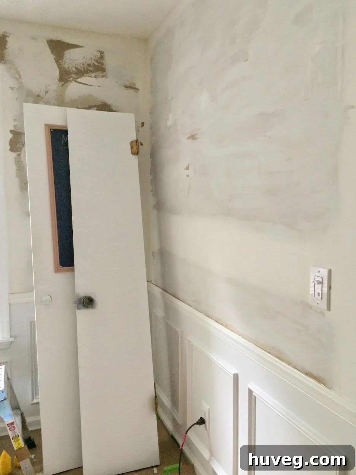 Close-up of primed and sanded wall
