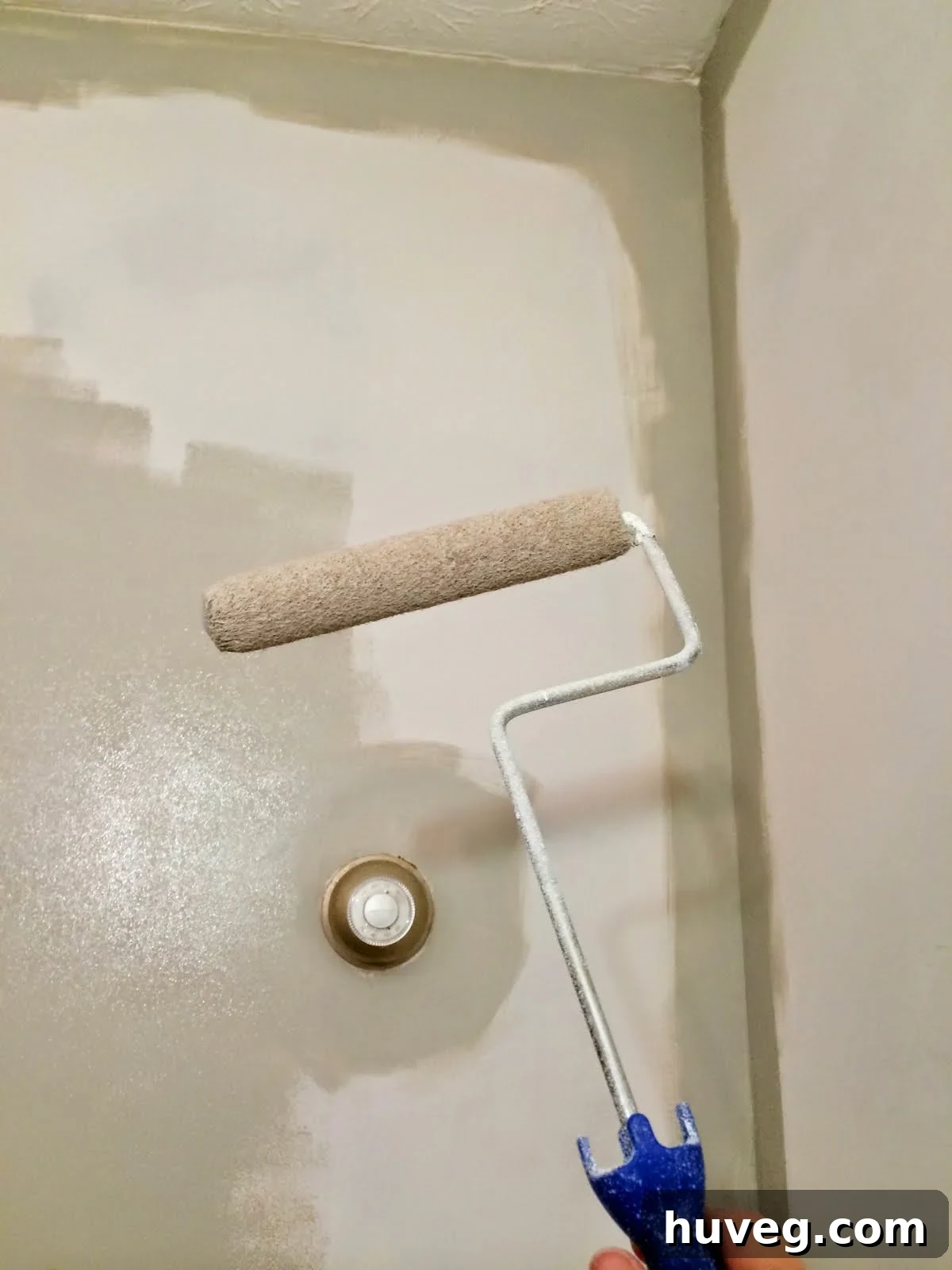 Small roller applying tinted primer to a prepared wall surface