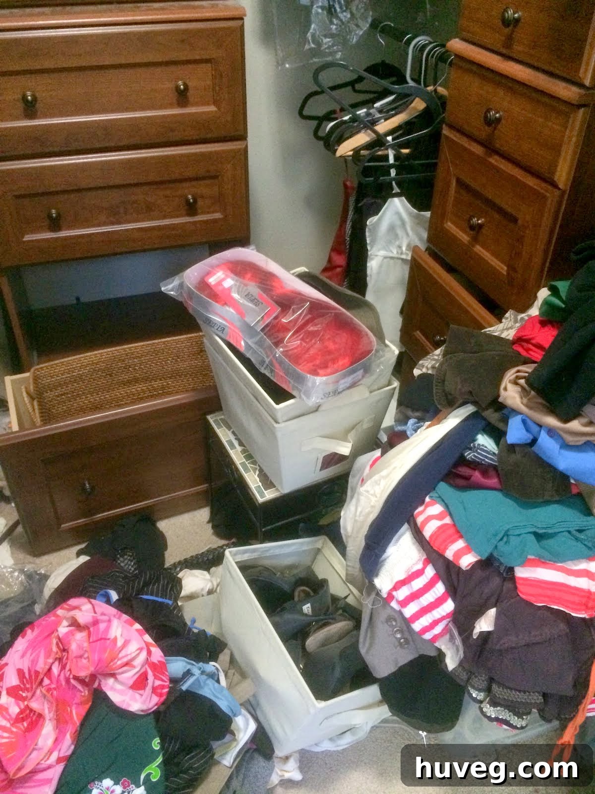 Another view of a messy closet during an unexpected home organization project.