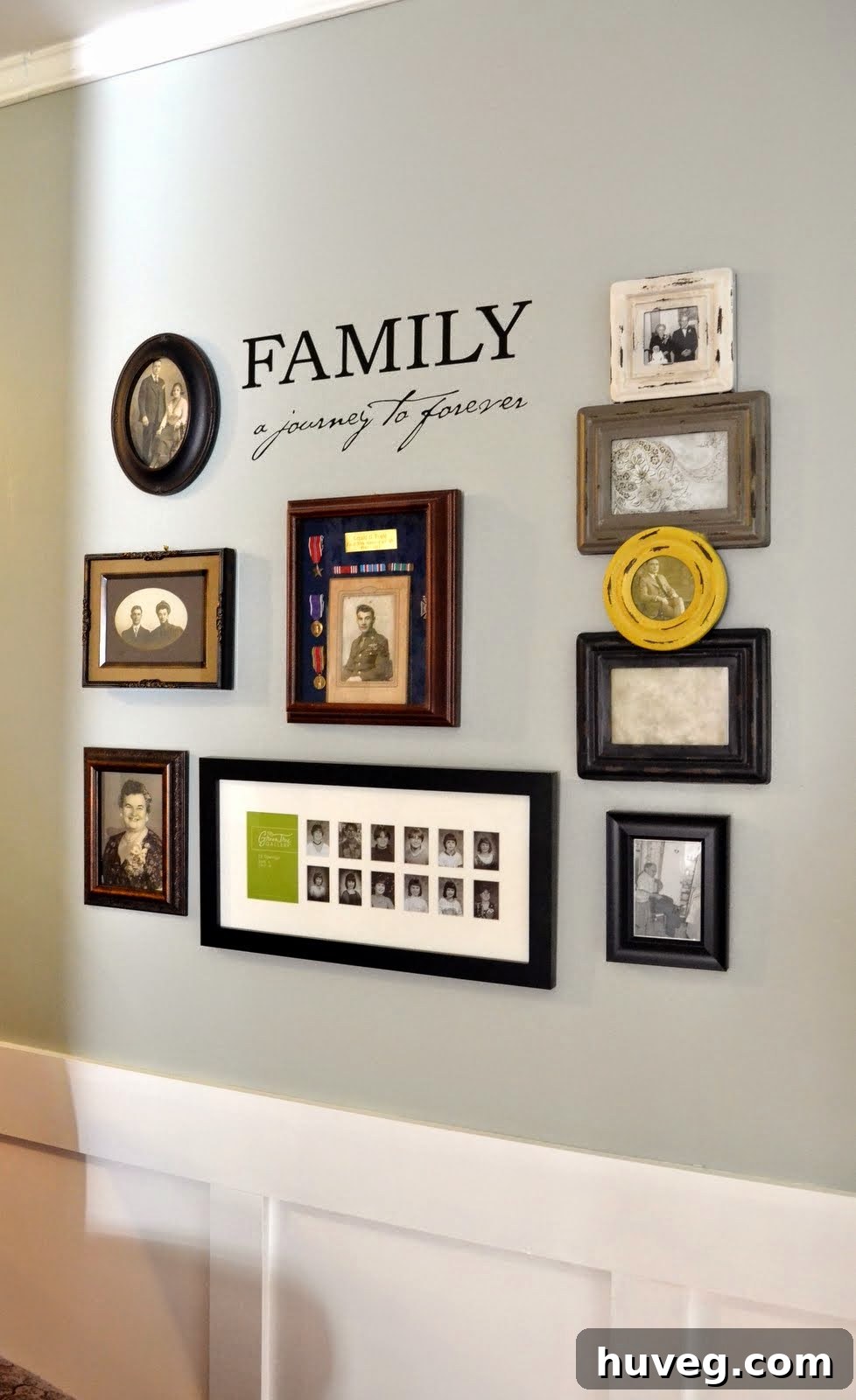 Close-up of the dining room wall with wainscoting and Misty Lake paint