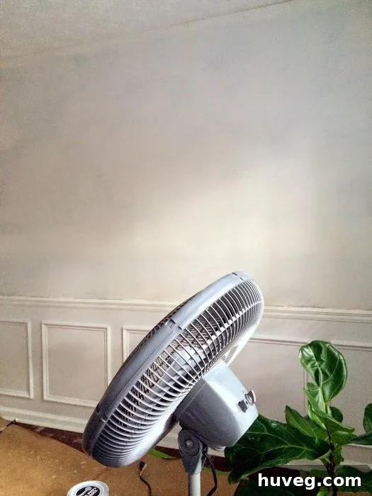 A fan aimed at a wall in the dining room, painted with oil primer, to aid drying.