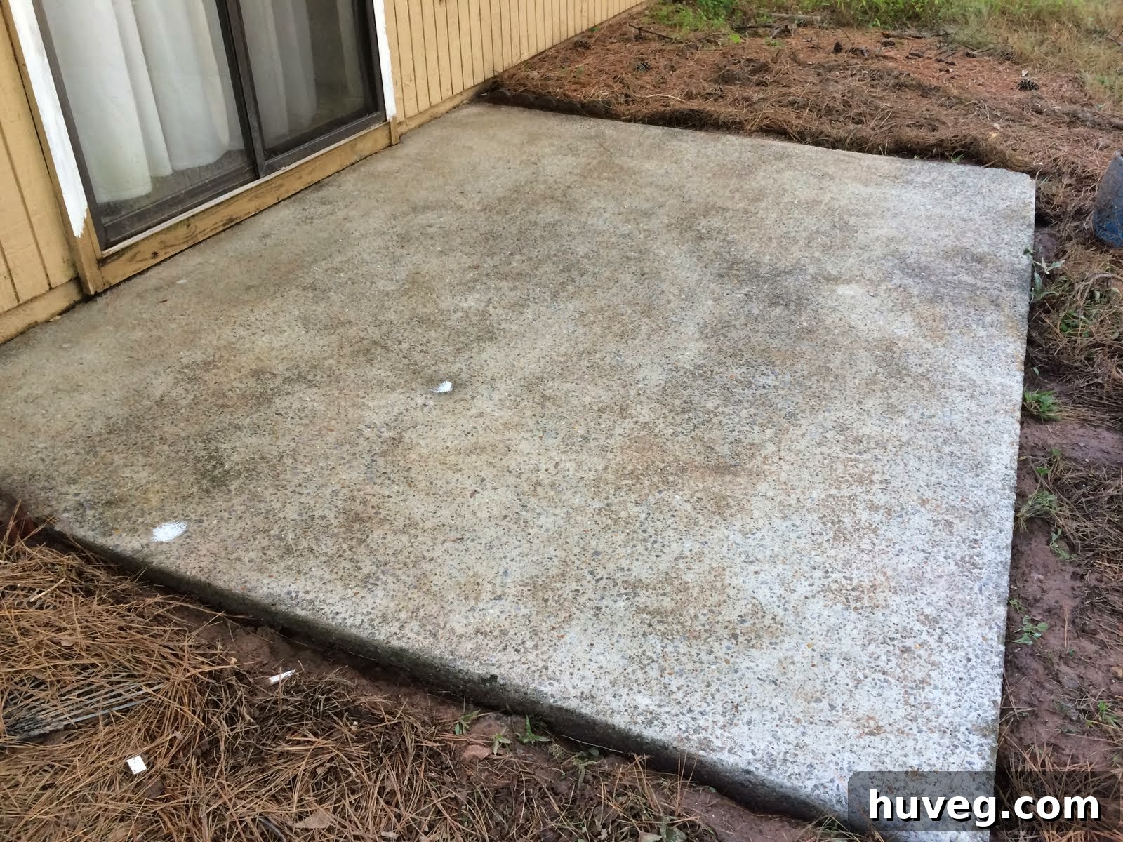 Wet patio after pressure washing, showing clean concrete