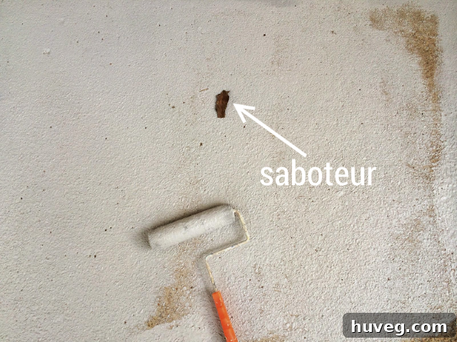Close-up of tree bark and debris on a freshly painted patio, highlighting the challenge of keeping the surface clean