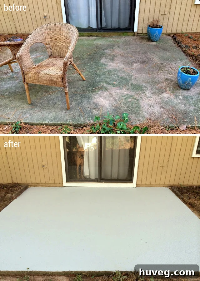 Side-by-side comparison of a patio before and after resurfacing, showing significant improvement