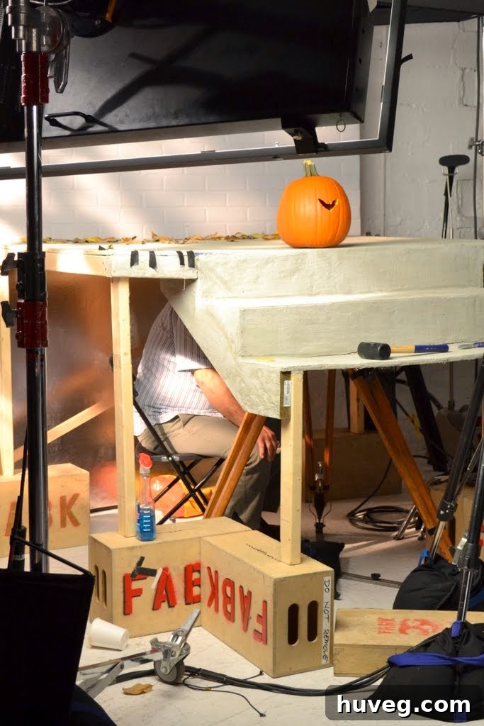Man sitting under a stage with a pumpkin on top