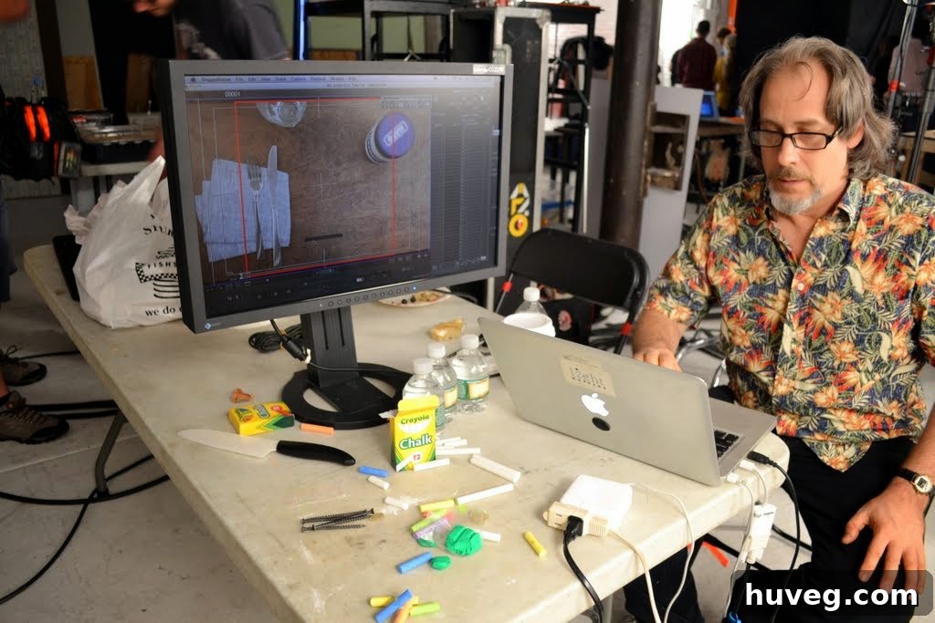Editor looking at laptop with monitor in the background