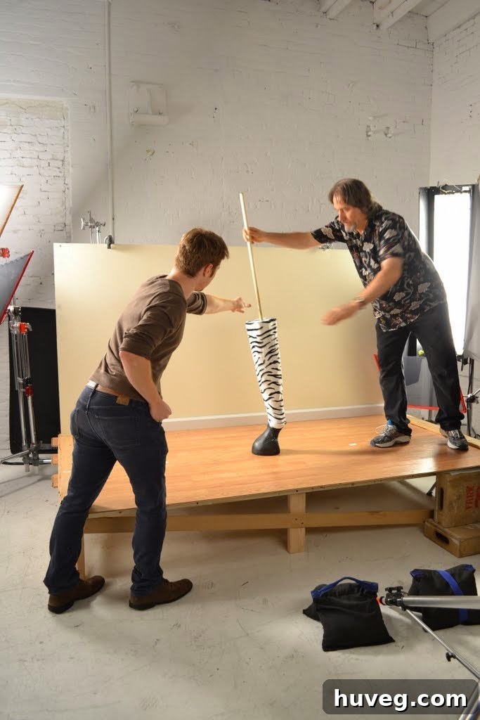 2 men positioning a zebra leg on a stick
