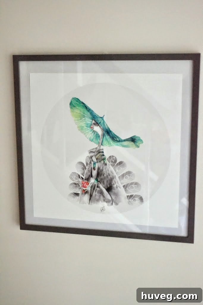 Close-up of the 'Peahen' print, revealing the intricate details and the character's expressive smirk.