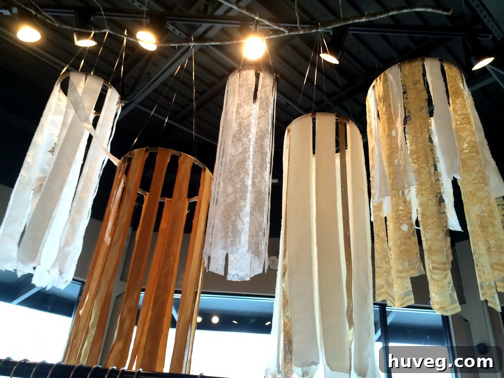 Close-up of hanging fabric hoops with glitter