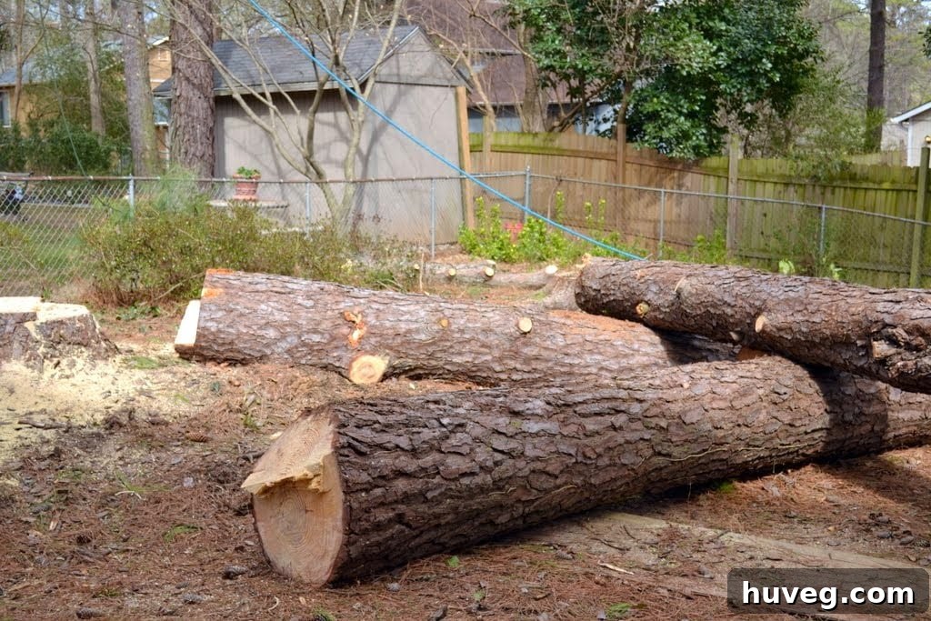 Another view of the remaining tree logs and cleared backyard space.
