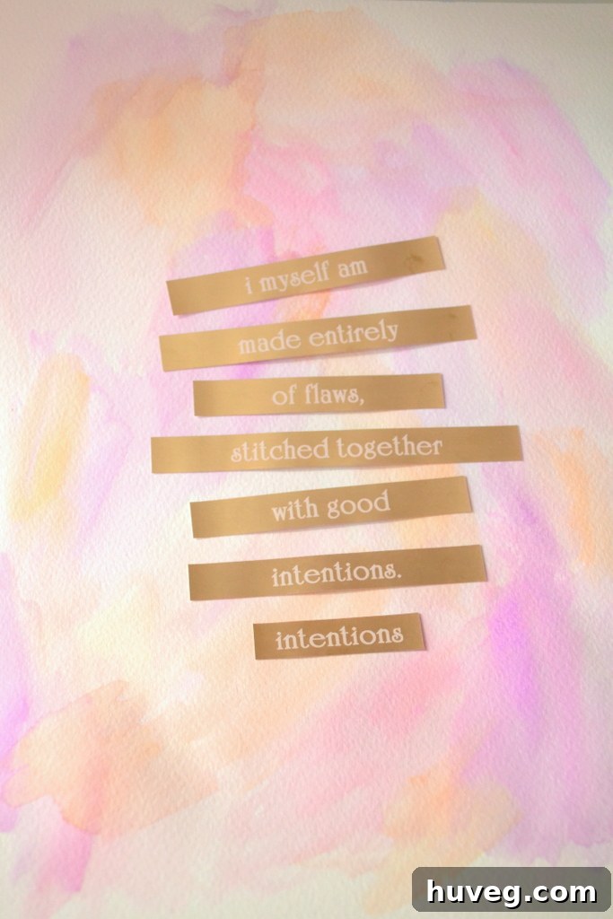 Augusten Burroughs quote on watercolor art with gold foil labels.