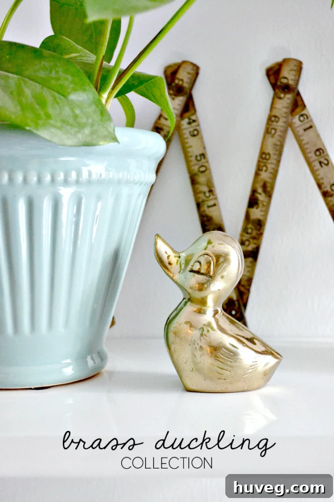 A delightful pair of brass duck and duckling paperweights, artfully arranged to showcase their collective charm and the harmonious blend of their vintage appeal.