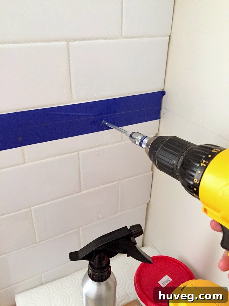 Drilling into tile for sturdy shelf installation