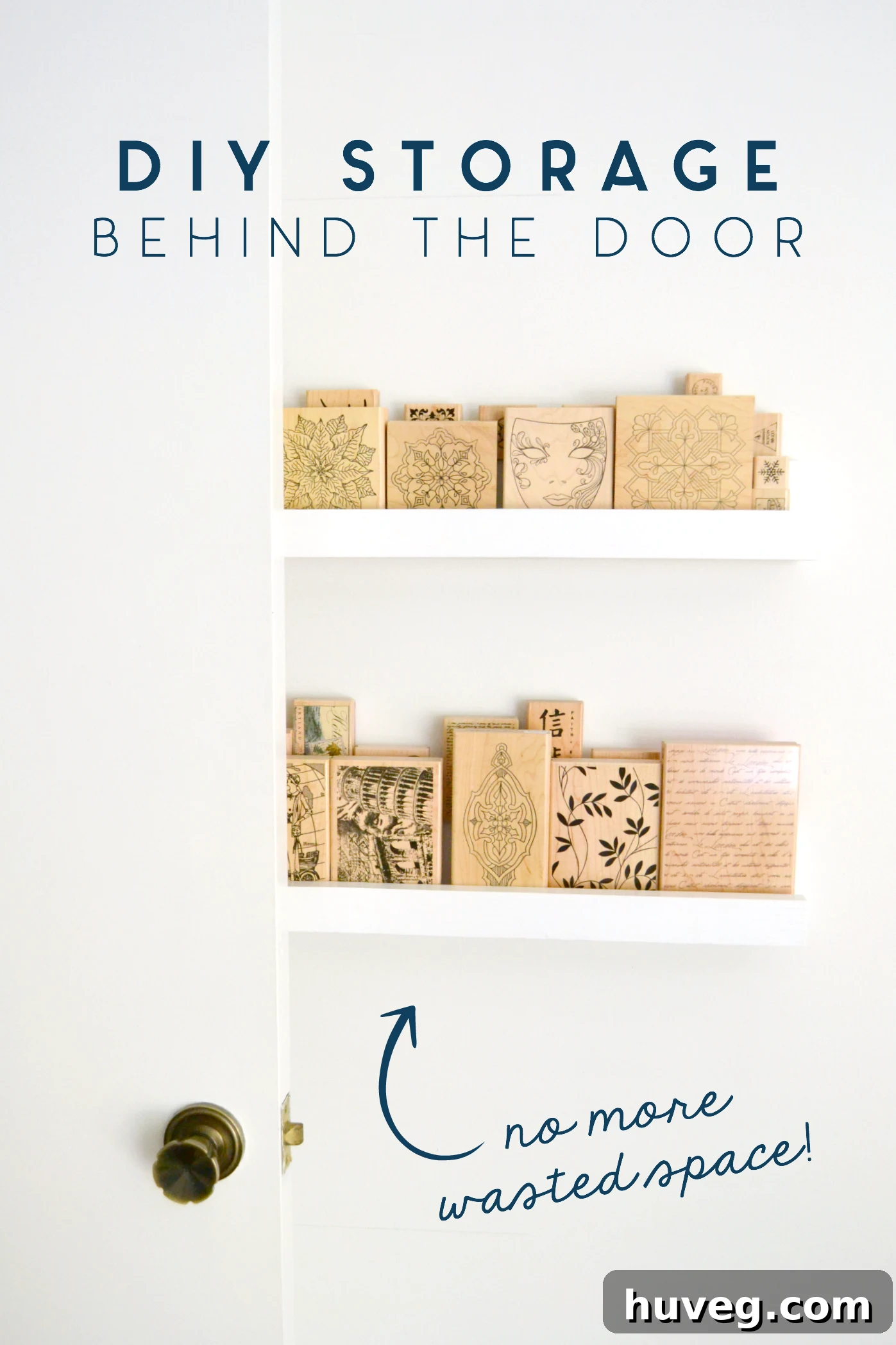 A final shot of the DIY narrow storage shelves installed and organized behind a door in a home office.