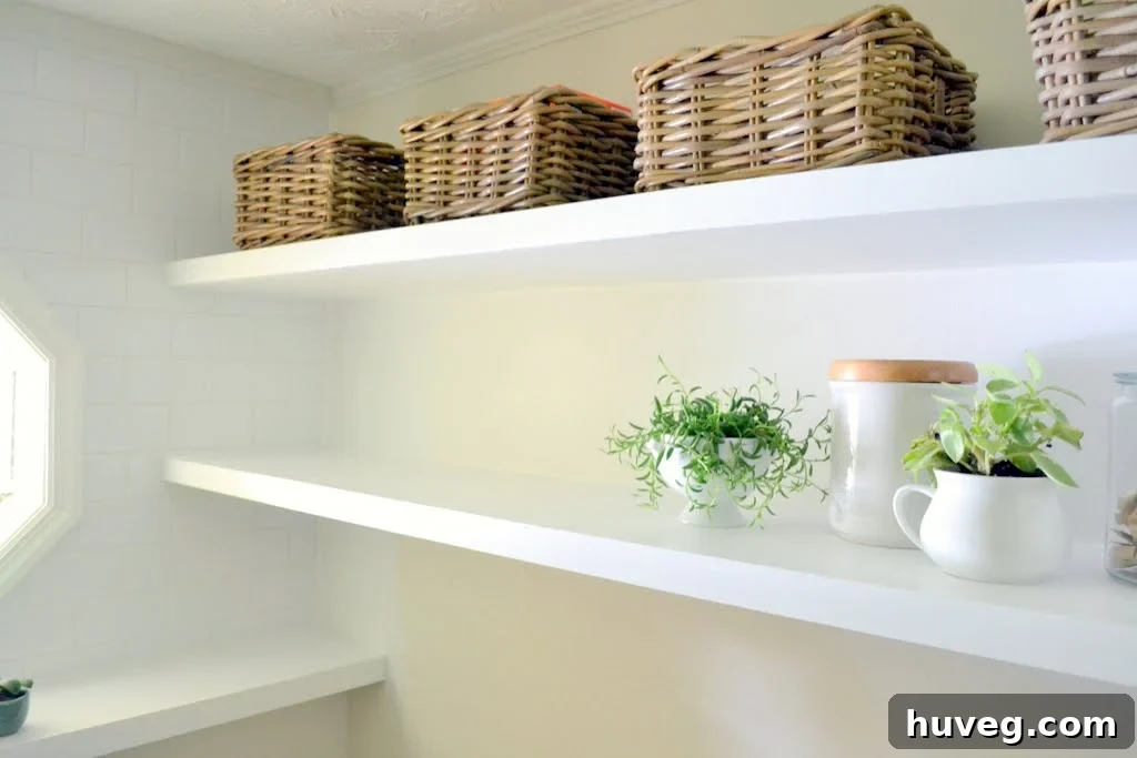 Sleek DIY thin floating shelves transforming a laundry room