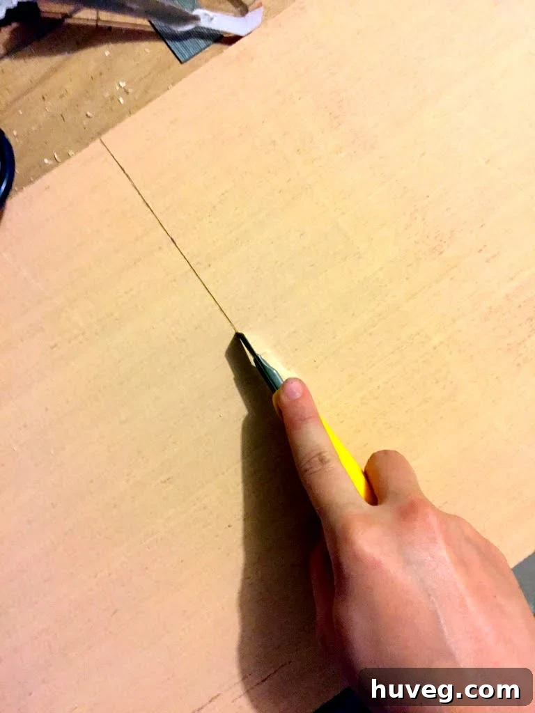 Cutting thin plywood with a utility knife for floating shelf bottom