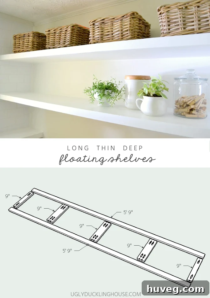 Long deep thin sturdy floating shelves plans for DIY projects