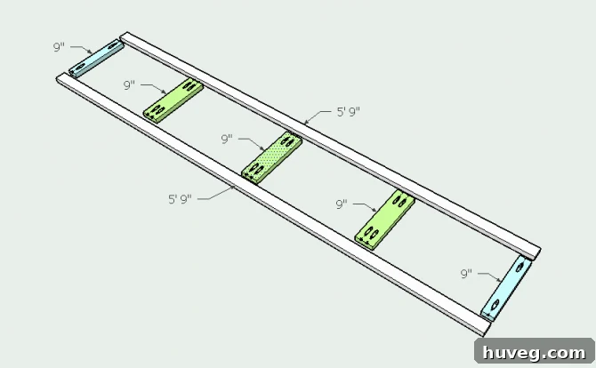 Color-coded diagram of thin floating shelf support pieces